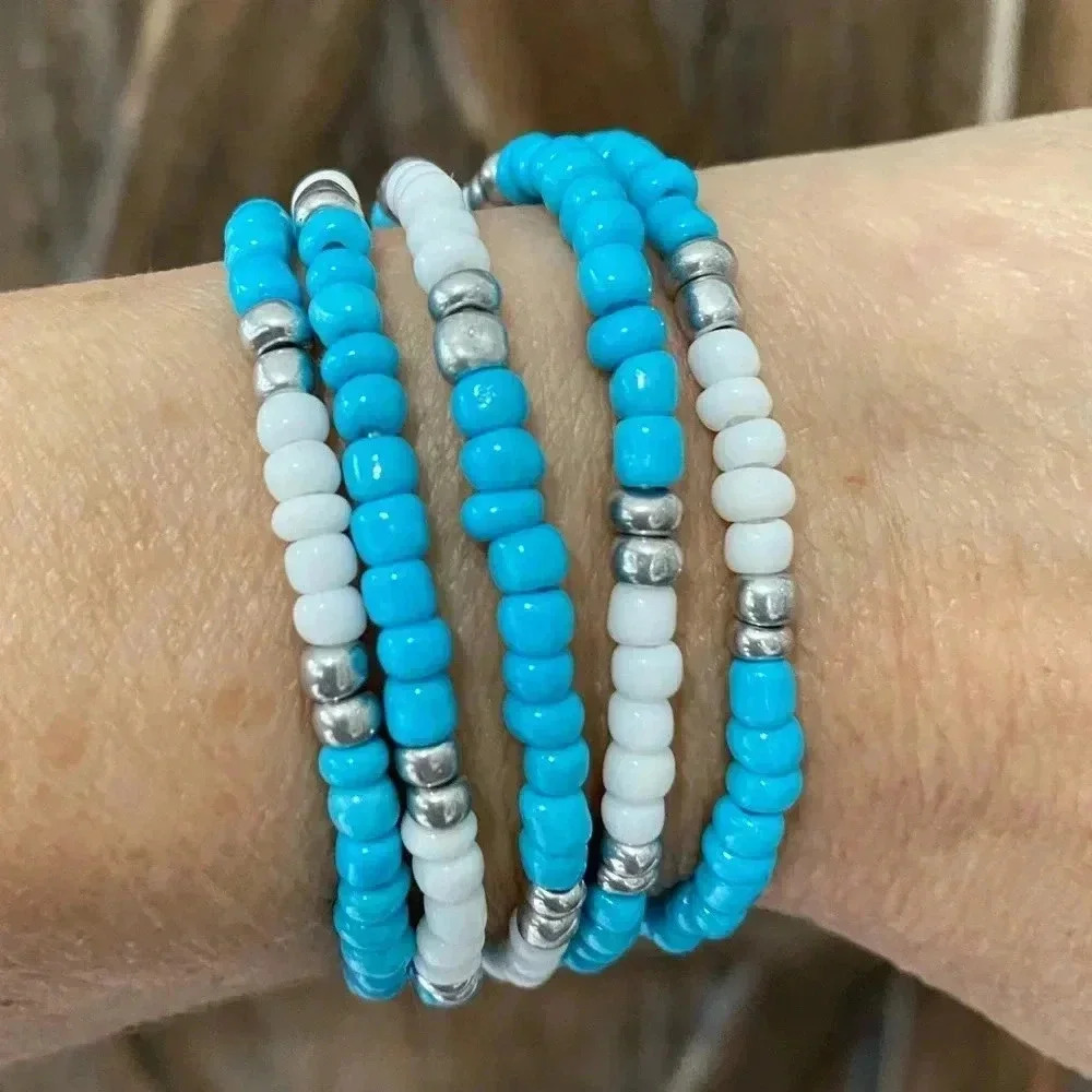 Turquoise Silver & White Handmade Large Seed Bead Bracelet Necklace